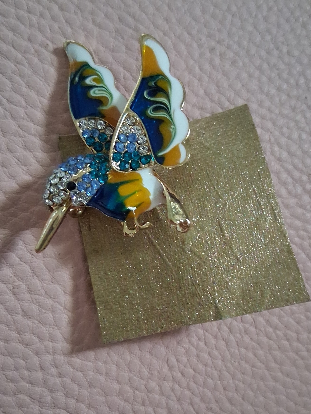 Multicolor Enamel Hummingbird Brooch with Blue Crystal Accents